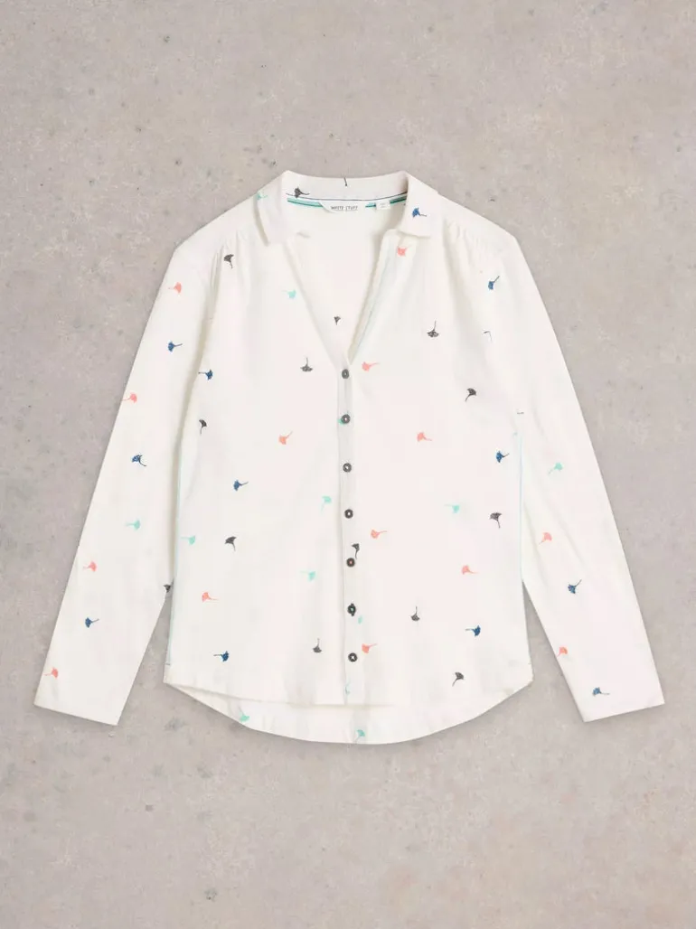 White Stuff Annie Embroidered Jersey Shirt Ivory MLT