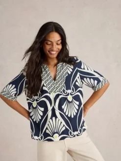 White Stuff Ash Linen Blend Top Navy Print