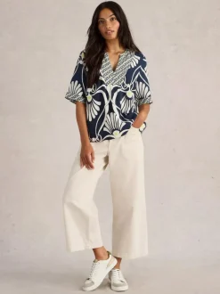 White Stuff Ash Linen Blend Top Navy Print