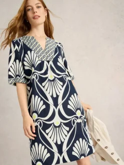 White Stuff Ash Linen Dress Navy Print