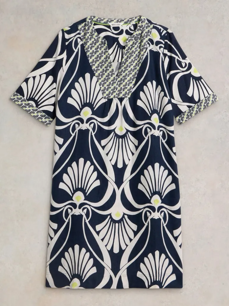 White Stuff Ash Linen Dress Navy Print