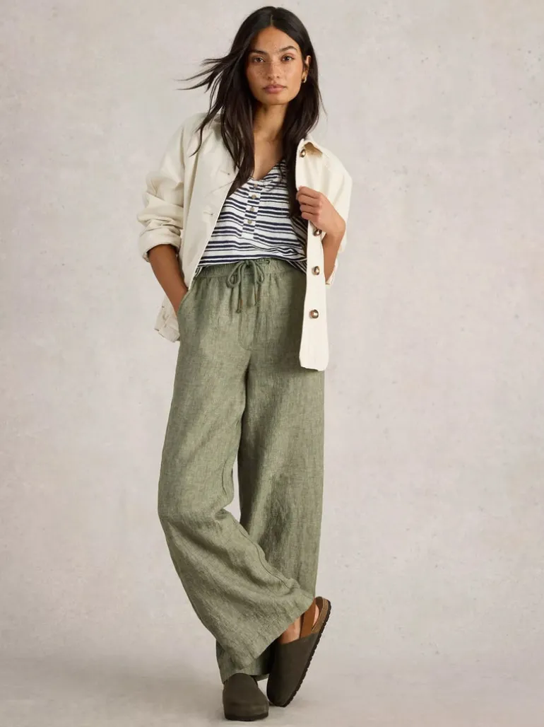 White Stuff Belle Linen Wide Leg Trouser Mid Green