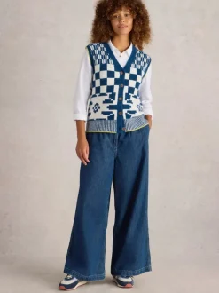 White Stuff Geo Mix Button Knit Tank Blue