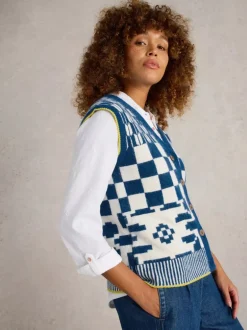 White Stuff Geo Mix Button Knit Tank Blue