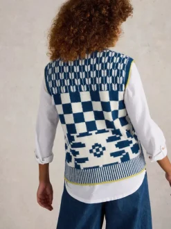 White Stuff Geo Mix Button Knit Tank Blue