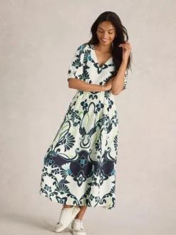 White Stuff Kate Linen Blend Dress Ivory Print