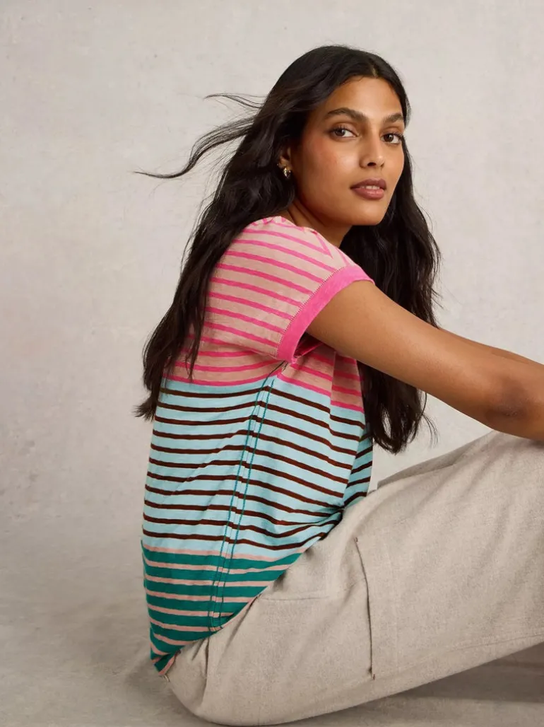 White Stuff Nelly Notch Neck Tee Pink MLT
