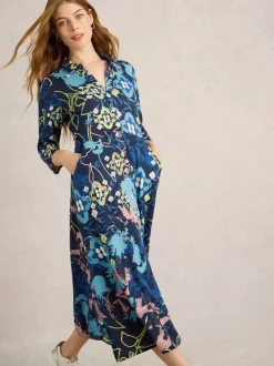 White Stuff Rua Jersey Shirt Dress Blue Print
