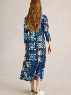White Stuff Rua Jersey Shirt Dress Blue Print