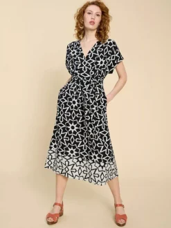 White Stuff Sophie Linen Blend Wrap Dress Black Print