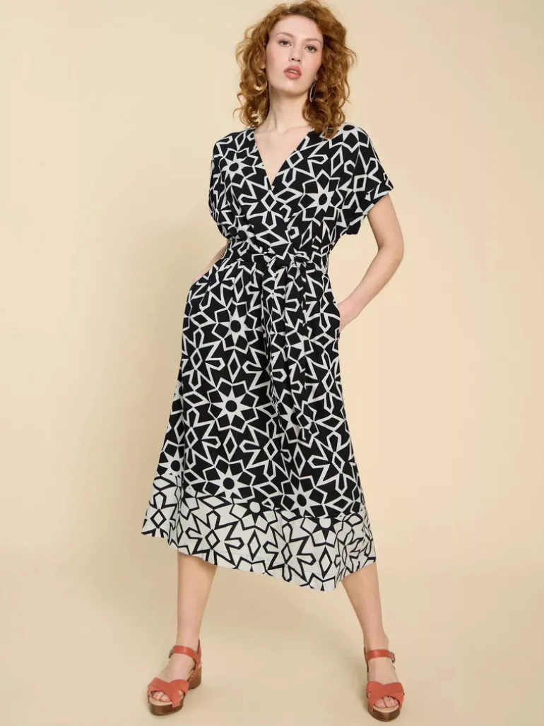 White Stuff Sophie Linen Blend Wrap Dress Black Print