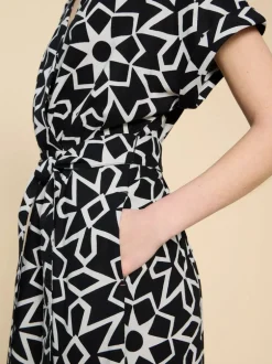 White Stuff Sophie Linen Blend Wrap Dress Black Print