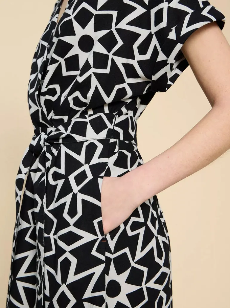 White Stuff Sophie Linen Blend Wrap Dress Black Print