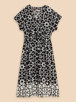 White Stuff Sophie Linen Blend Wrap Dress Black Print