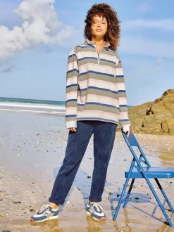 White Stuff Stripe Half Zip Sweatshirt Green